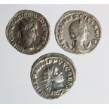 Roman Imperial silver antoniniani of Philip I as Caesar, reverse:- Philip I standing left, Sear