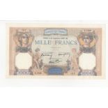 France 1000 Francs dated 21st September 1939, serial X.7542 185, very large note (Pick90c) a few