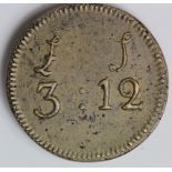 Brass coin weight of c.29mm., for £3.12s., by R.Cowcher of c.1774, for trade with the Portugese, VF