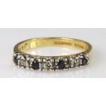 18ct yellow gold sapphire and diamond half eternity ring, finger size M, weight 2.8g