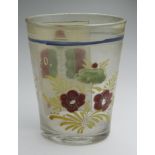 Hand decorated glass beaker, circa 18th Century (?), reads 'Anno 1774' with floral decoration,