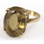 9ct yellow gold large oval smoky quartz dress ring, finger size P, weight 6.2g