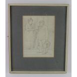 Sir John Tenniel (1820-1914). Pencil drawing, depicting two figures on a doorstep, signed by