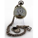 Gents open face pocket watch (not silver) "8 days" type along with a silver pocket watch chain,