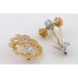Two 18ct yellow rose and white gold brooches, weight 9.7g