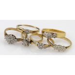 Six 9ct yellow gold diamond set rings, weight 13.3g