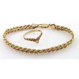 9ct Gold Double rope Bracelet and Wishbone Ring size Q weight 5.9g
