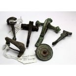 Six Bronze Roman Brooches. C, 1st to 4th century AD. Various types including a large crossbow type