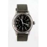 Gents military style stainless steel cased MWC wristwatch, the black dial with Arabic numerals,