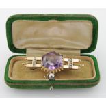 Large Amethyst set 9ct Gold bar Brooch in original box weight 6.1g