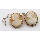 Two 9ct Gold framed Cameo Brooches with safety chains weight 17.7g