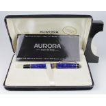Aurora Optima blue marble fountain pen, contained in original case, with outer cardboard sleeve
