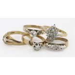 Five 9ct yellow gold rings set with paste and cz, weight 13.3g