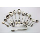 Thirteen pieces of silver flatware (Georgian noted) includes seven salt spoons. All items have