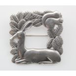 Silver Georg Jensen square brooch (no. 318), depicting a deer & squirrel, makers marks stamped to