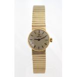 Ladies 9ct cased Omega wristwatch circa 1971. The champagne dial with gilt baton markers, on an