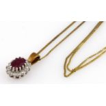 9ct yellow gold ruby and diamond oval cluster pendant and fine chain, weight 1.8g