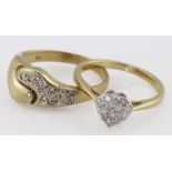 9ct gold heart shaped pave set diamond ring 0.25ct, and 9ct gold diamond set shaped band ring,