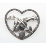 Silver Georg Jensen heart shaped brooch (no. 312), depicting two dolphins, makers marks stamped to
