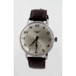 Gents stainless steel cased "Longines" manual wind wristwatch, the 36mm silvered dial with black