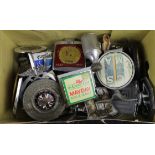 Car Badges. A shoebox containing numerous car badges, including Caravan Club, CSMA, AA, Royal