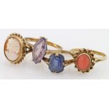 Four 9ct Gold rings with stones, total weight 11g approx.
