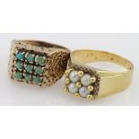 Square turquoise 9ct cluster ring and 9ct pearl four stone ring, weight 7.2g