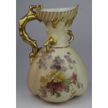 Royal Worcester blush ivory jug, with floral decoration, gilt coral handle (no. 1507), makers