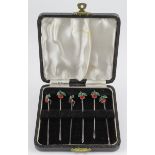 Silver & enamel set of six cherry cocktail sticks, hallmarked 'A.S, Birmingham 1950' (Adolph Scott
