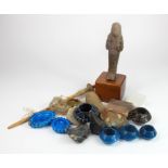 Mixed box of Egyptian style antiquities and other items including flint axe and scrapers, fossils