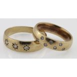 Two 9ct yellow gold diamond set band rings, weight 7.6g