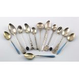 Twelve Continental silver & white metal teaspoons / coffee spoons, including enamelled examples by