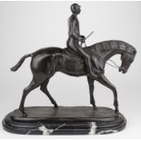After Bonheur. Bronze figure, depicting a horse & jockey, signed to base, mounted on a marble