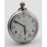 Military issue Omega open face pocket watch. The white signed dial with arabic numerals, engraved to