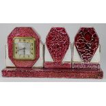 Art deco three piece mantle clock garniture by Scout , chip to one piece, clock height 16cm