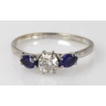 18ct white gold approx. 0.50ct diamond and sapphire three stone ring, finger size R, weight 2.6g