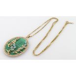 18ct Gold Box link Chain with Malachite and Opal 14ct Gold Chinese style Pendant