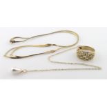 Two 9ct Gold fine chains with a Pearl drop pendant plus an open Lattice Ring size P weight 6.4g