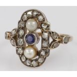Yellow Metal Ring (tests 15ct) set with Sapphire, Pearl and old cut Diamonds size R weight 5.3g