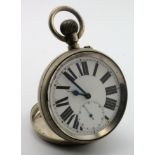 Nickel cased "Goliath" pocket watch, the white dial with bold Roman numerals and subsidiary second