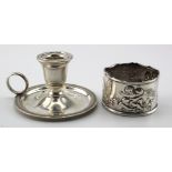 Egyptian silver candlestick with Egyptian hallmarks plus a small silver bottle-holder showing