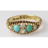 18ct yellow gold turquoise and diamond dress ring, finger size M, weight 3.4g