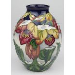 Moorcroft vase, circa 2008, Winter Hellebore pattern, designed by Rachel Bishop, printed and painted