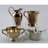 Mixed silver, comprising milk jug, mustard pot (with blue glass liner), sugar bowl & small mug,