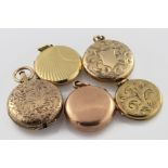 Five 9ct / yellow metal circular shaped lockets, various sizes, total weight 27g