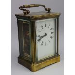 French brass five glass carriage clock, white enamel dial with Roman numerals, key present, height