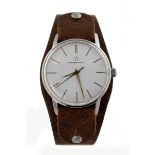 Gents stainless steel cased Eterna-matic wristwatch. The white dial with gilt baton markers. On an
