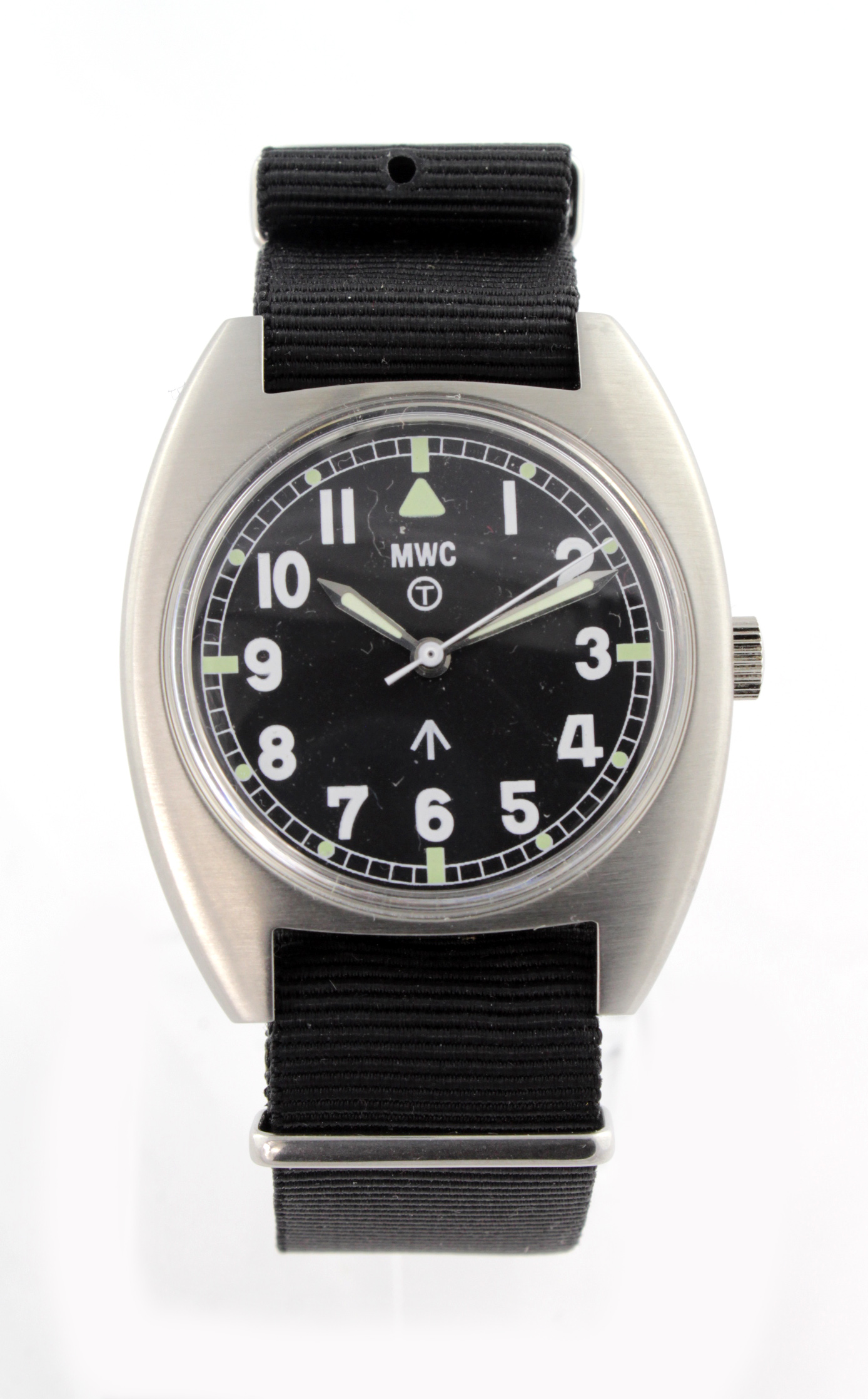 MWC British Military issue stainless steel gents wristwatch. The signed black dial with circled T,