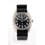 MWC British Military issue stainless steel gents wristwatch. The signed black dial with circled T,