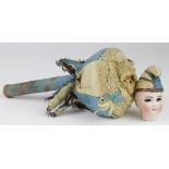 French Marotte musical spinning doll with bisque head, music box working, head detached, in need